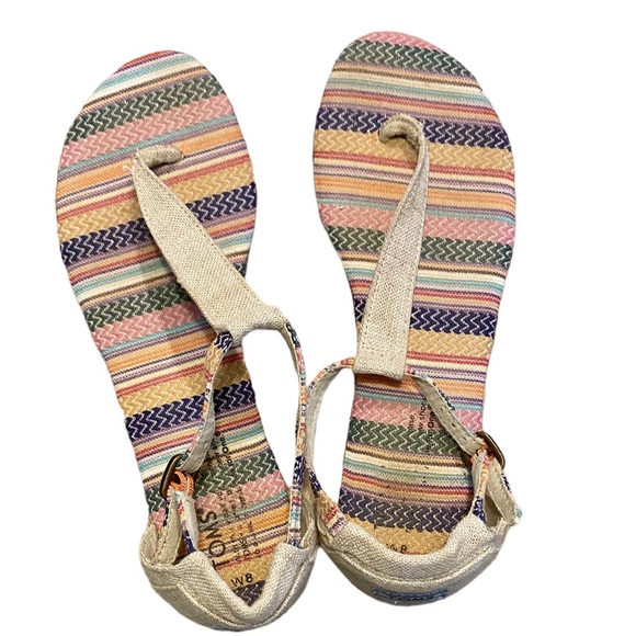 TOMS PLAYA T-STRAP BURLAP TAPESTRY SANDAL SIZE 8 FLAT T STRAP SANDALS - Picture 3 of 15